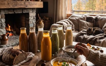 table dans un chalet avec différente soupe de montagne et une personne qui mange de la soupe au potiron 