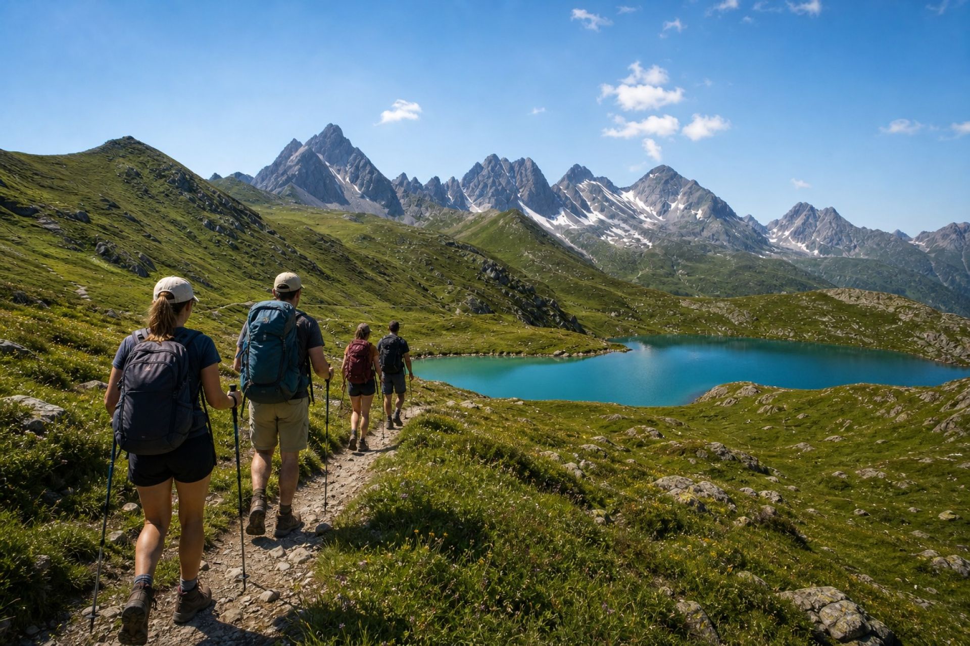 Randonneurs sur un sentier de montagne avec vue sur les alpages