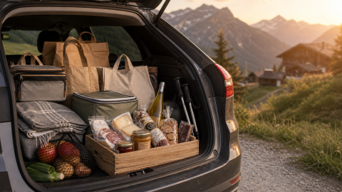 Coffre de voiture rempli de produits gourmands de montagne, prêt pour le retour de vacances