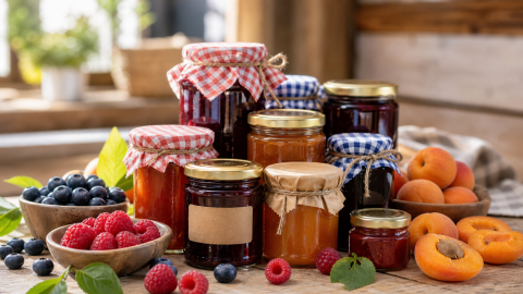 Pots de confiture artisanale Terre de l'Alpe alignés avec des fruits d'été frais