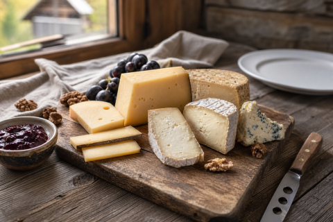 Plateau de fromages accompagné d'une coupelle de confiture de fruits rouges