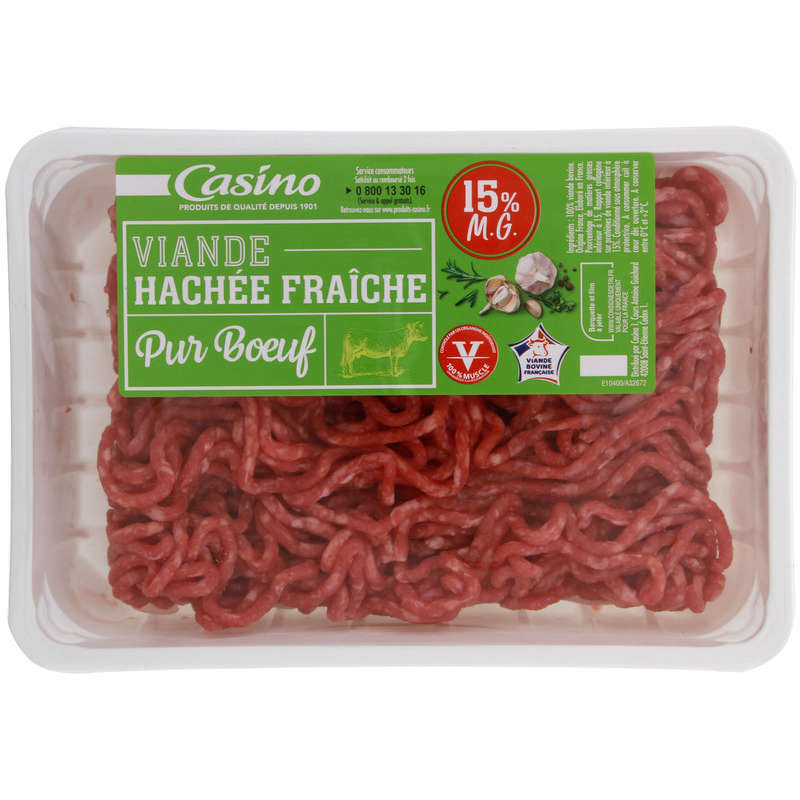 Casino viande hachée fraiche pur bœuf 15% matière grasse 350g
