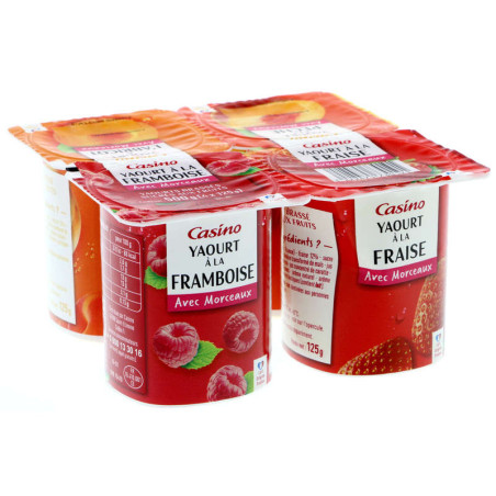 Yaourts aux fruits - Fraise, cerise, pêche, ananas ou framboise, cerise, abricot, ananas ou fraise, framboise, pêche, abricot