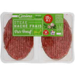 Casino steak haché frais pur bœuf 15%matiere grasse 2x125g
