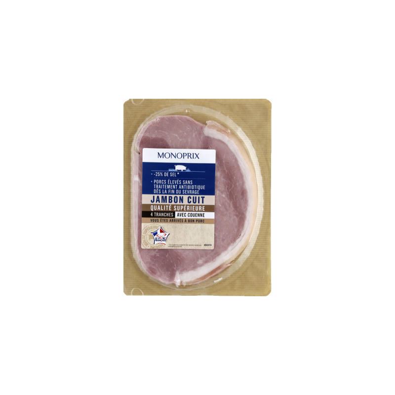 Monoprix Jambon Cuit 4 Tranches Taux De Sel Réduit Avec Couenne