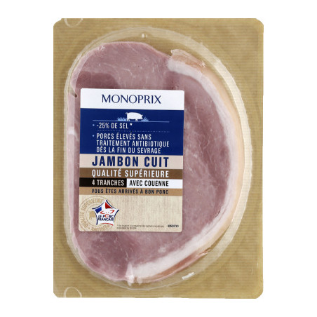 Monoprix Jambon Cuit 4 Tranches Taux De Sel Réduit Avec Couenne
