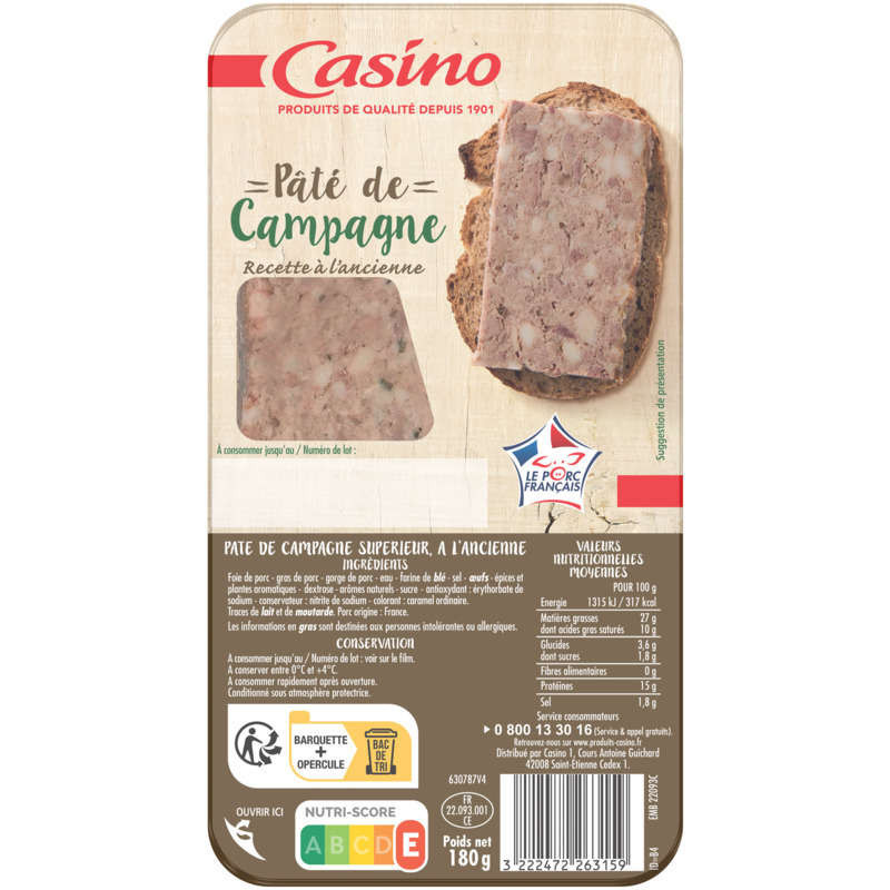 Casino Paté de campagne - Recette à l'ancienne - 180g